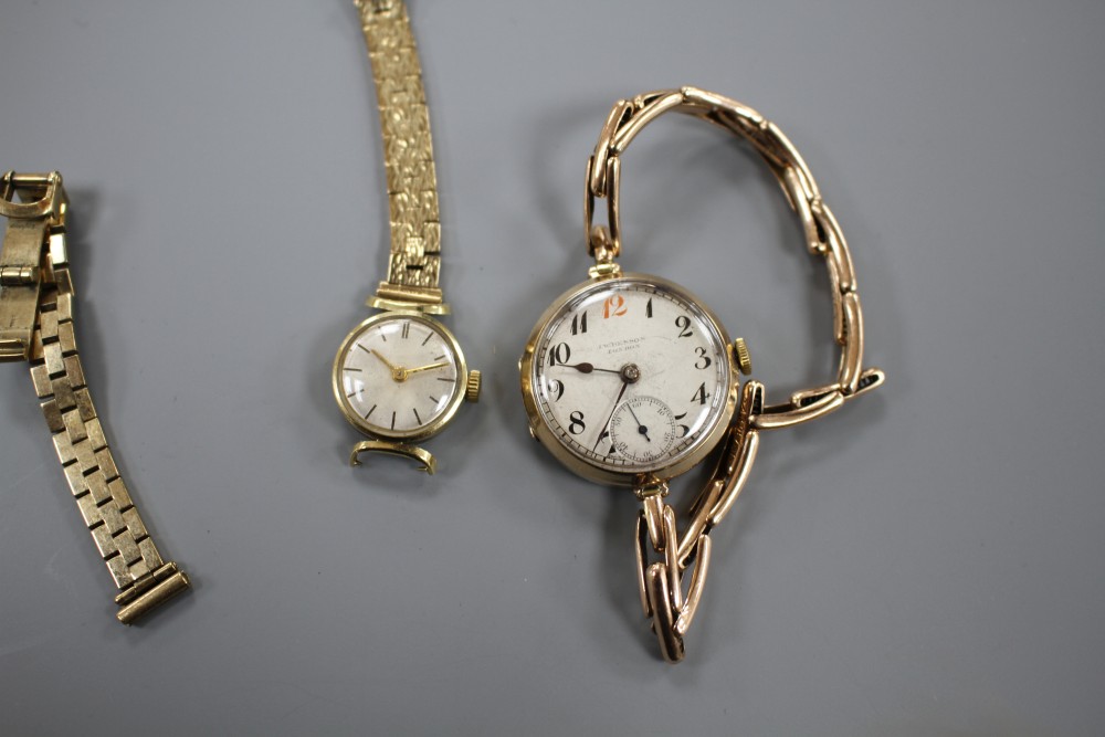 A ladys 1930s? 9ct gold manual wind wrist watch, on yellow metal flexible strap and a 14ct gold watch on damaged strap.